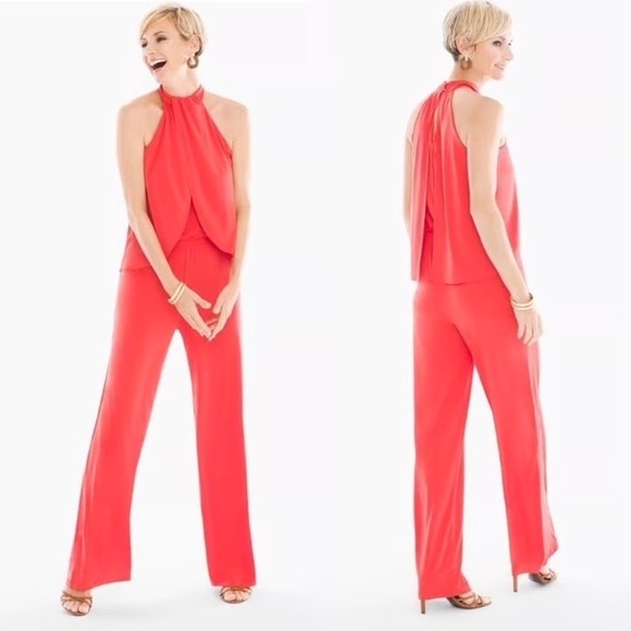 Chico's Jumpsuit Size XL Orange Halter Neck Wide Leg Draped Back Zip Resort NWOT - Picture 1 of 14